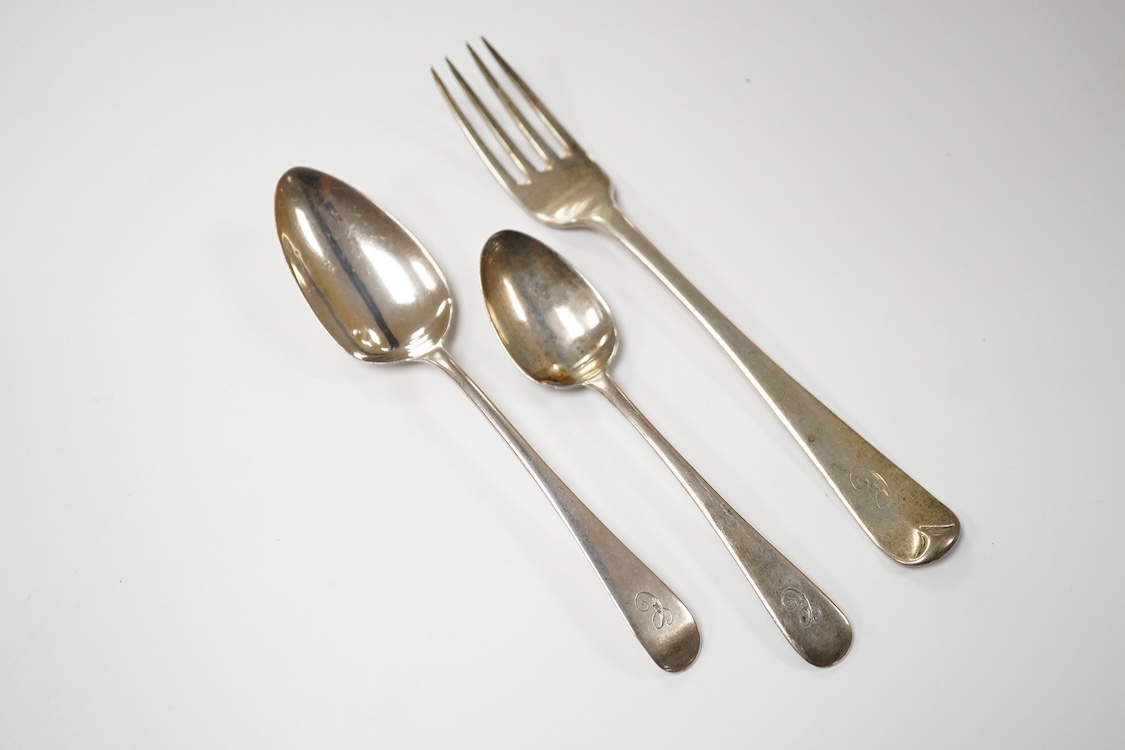 A matched part canteen of 19th century silver Old English and Hanoverian pattern flatware, various dates and makers, 55oz.
